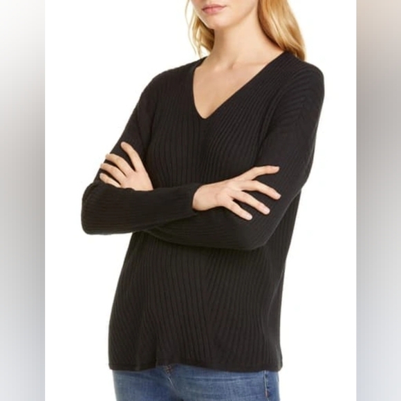 Eileen Fisher V-Neck Asymmetrical Long-Sleeve Variegated Rib Sweater Black Sz M - Picture 1 of 8